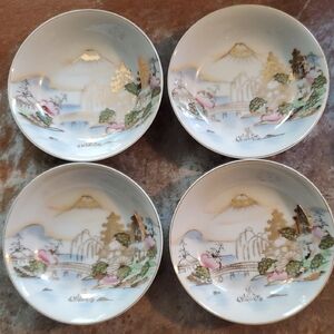 4- Kutani China Hand Painted Made In Japan Waterwheel Gold Bowls Mt Fuji 5".